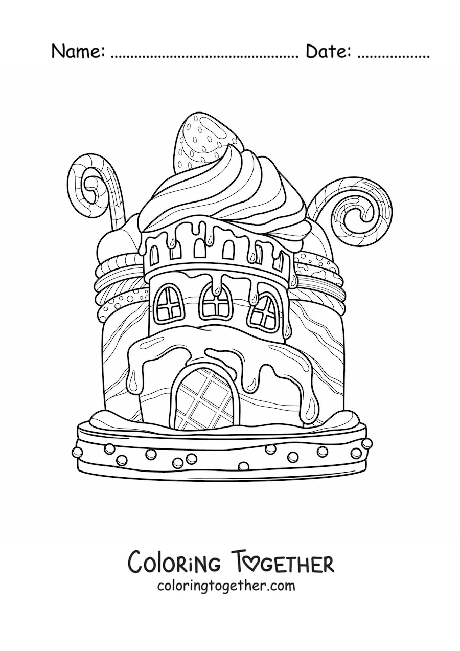 Coloring page of a house made of candy