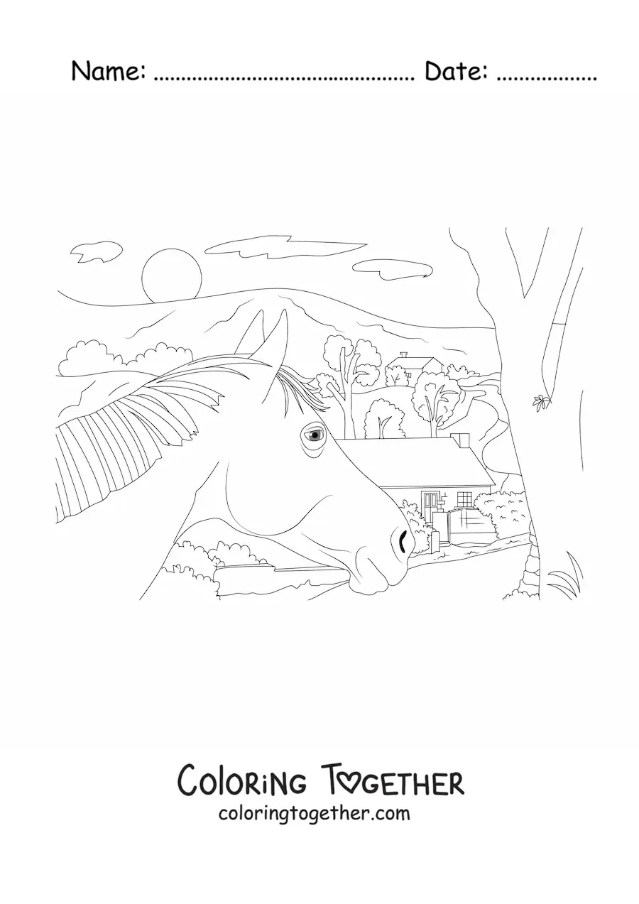 Coloring page of a country house with a horse