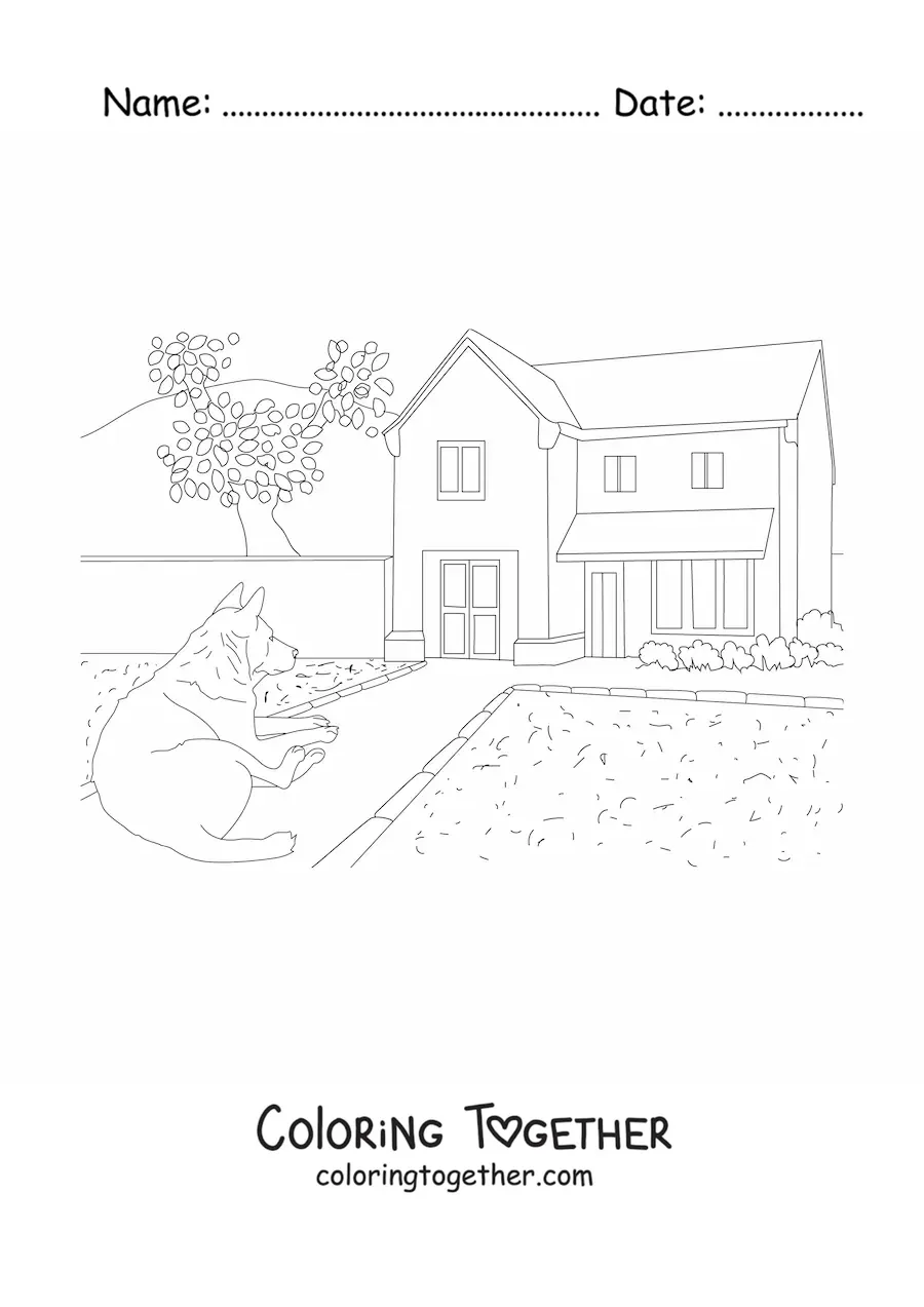 Coloring page of a house with a dog and a garden