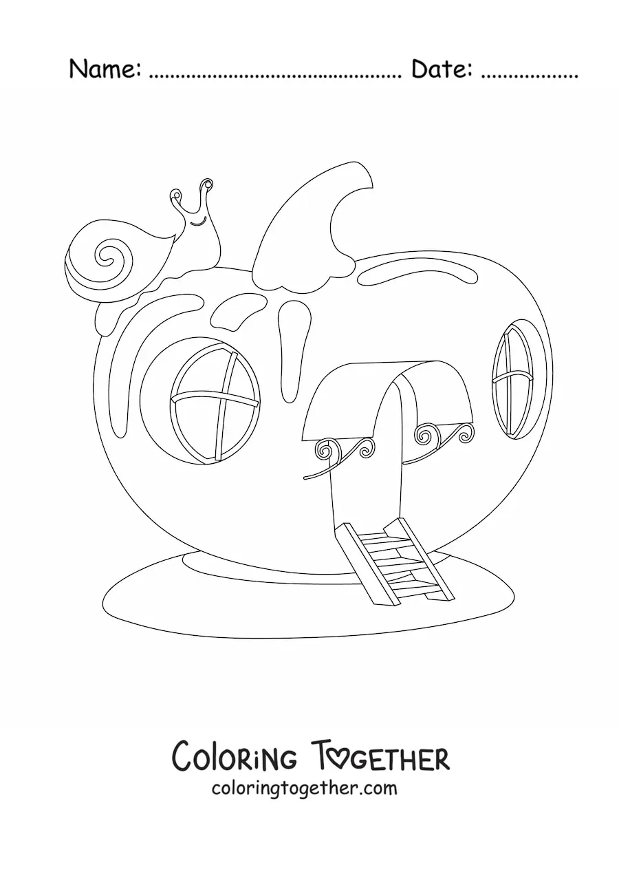 Coloring page of a fairy house in an apple