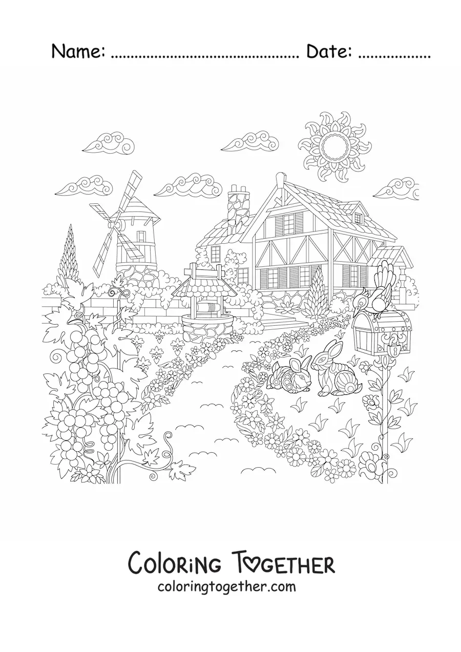 Coloring page of a country house with a windmill