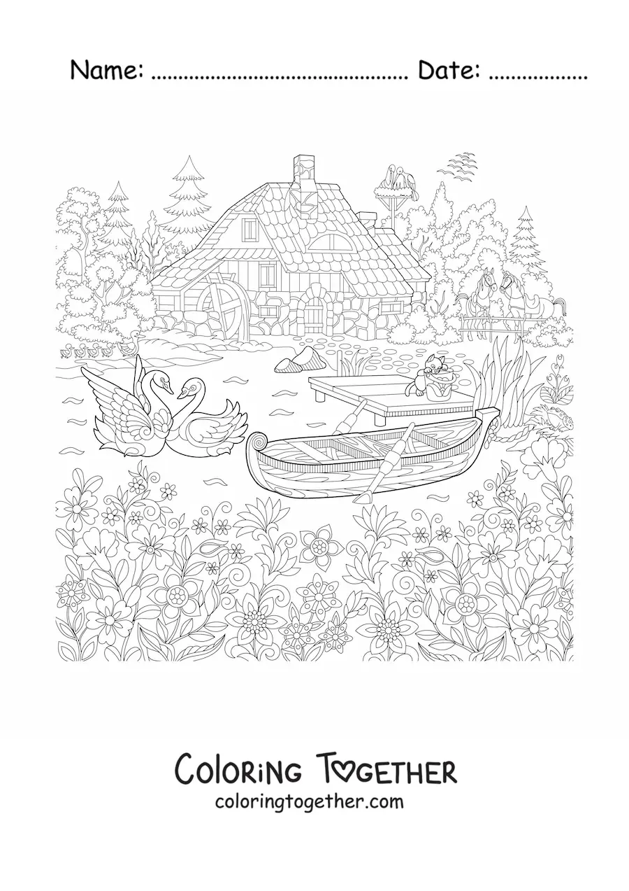 Coloring page of a house in the forest with a lake and swans