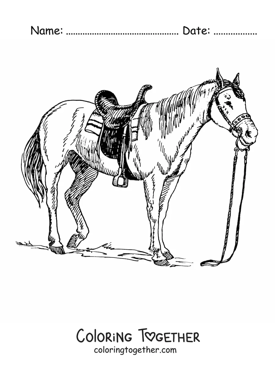 Coloring page of a saddled horse with loose reins