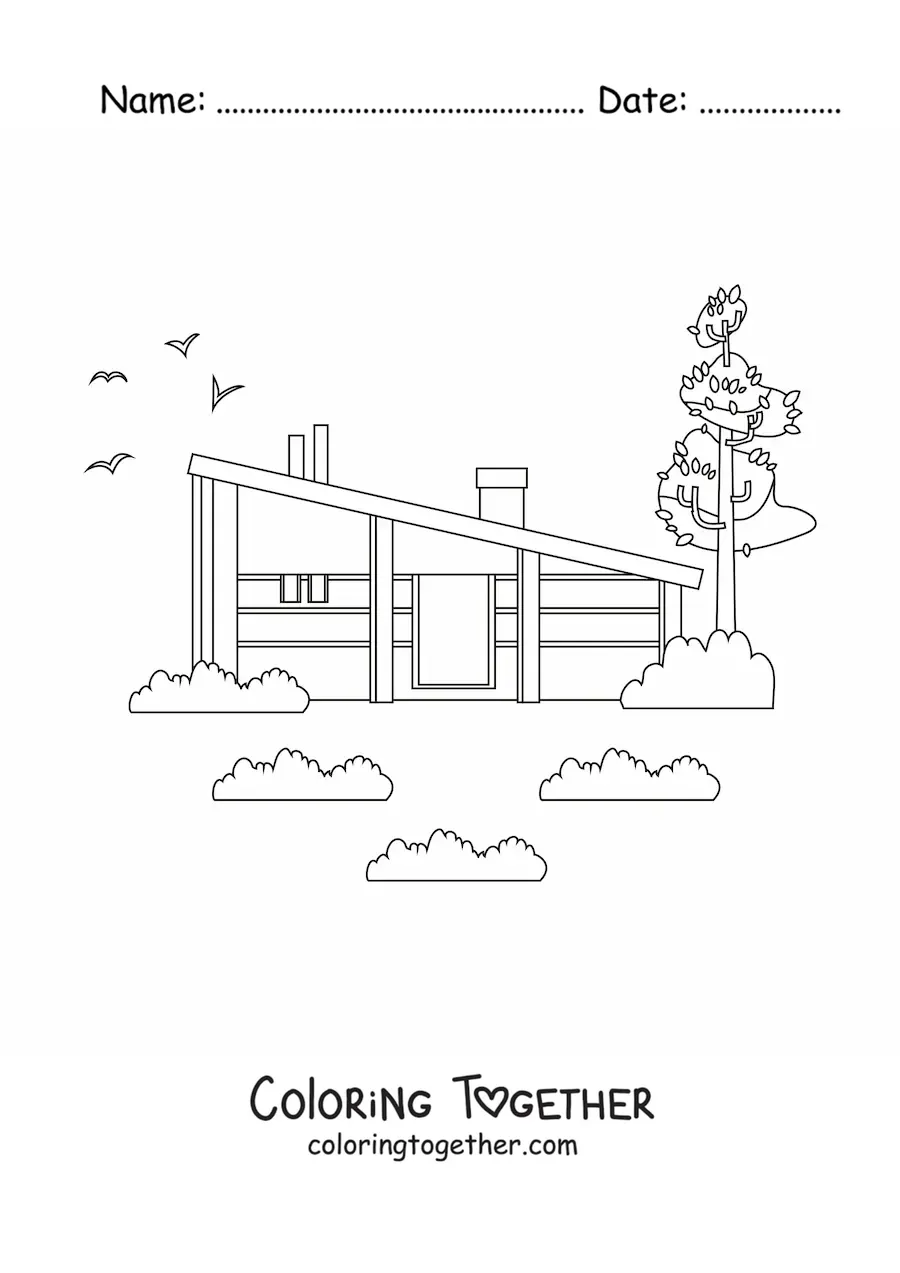 Coloring page of a modern house with a chimney