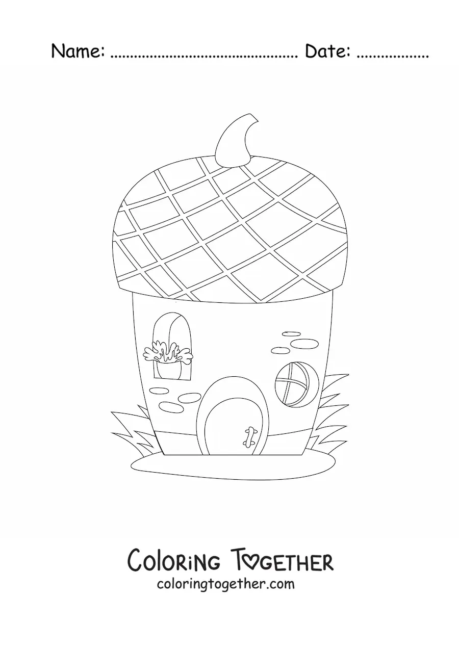 Coloring page of a fairy house in an acorn
