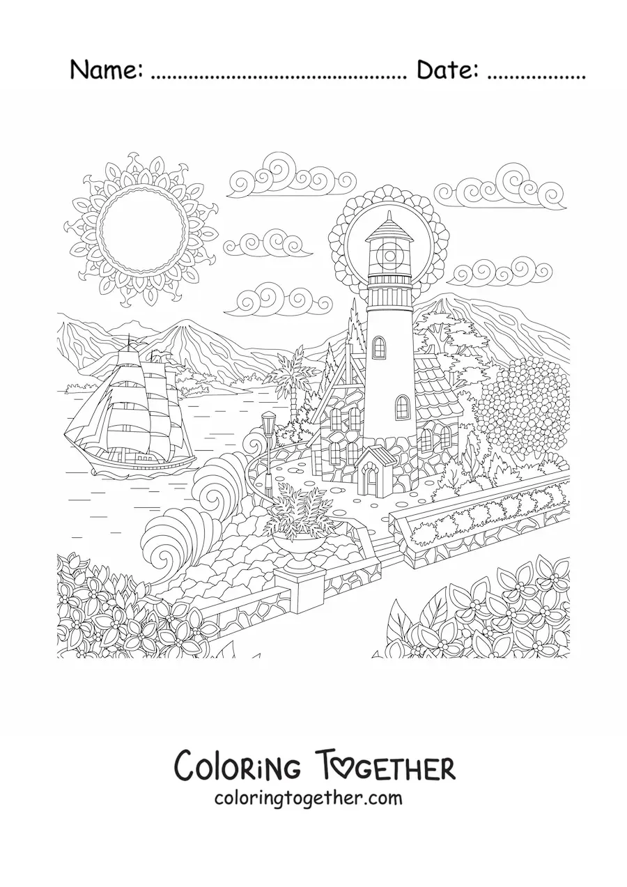 Coloring page of a house by the sea near a lighthouse