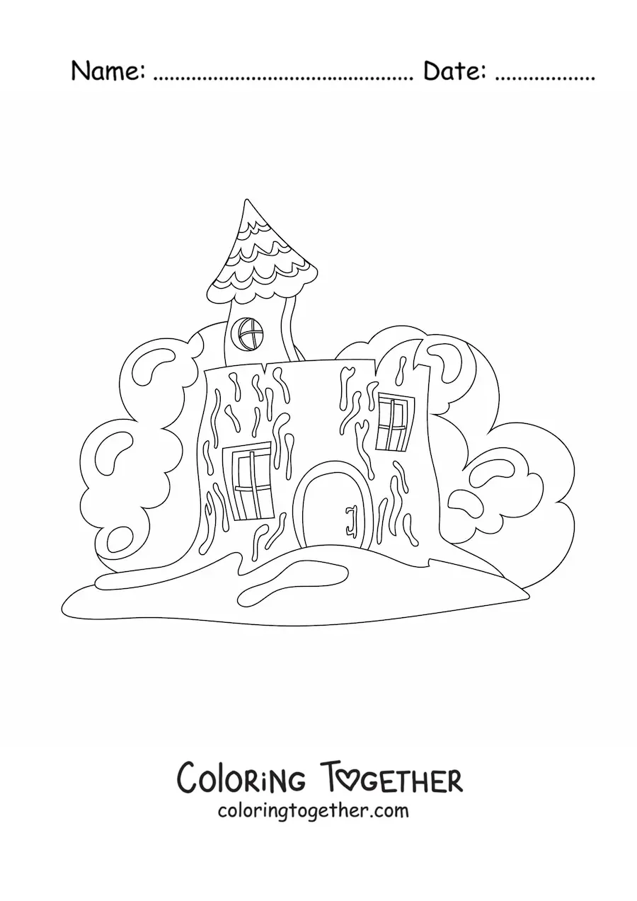 Coloring page of an abandoned haunted house