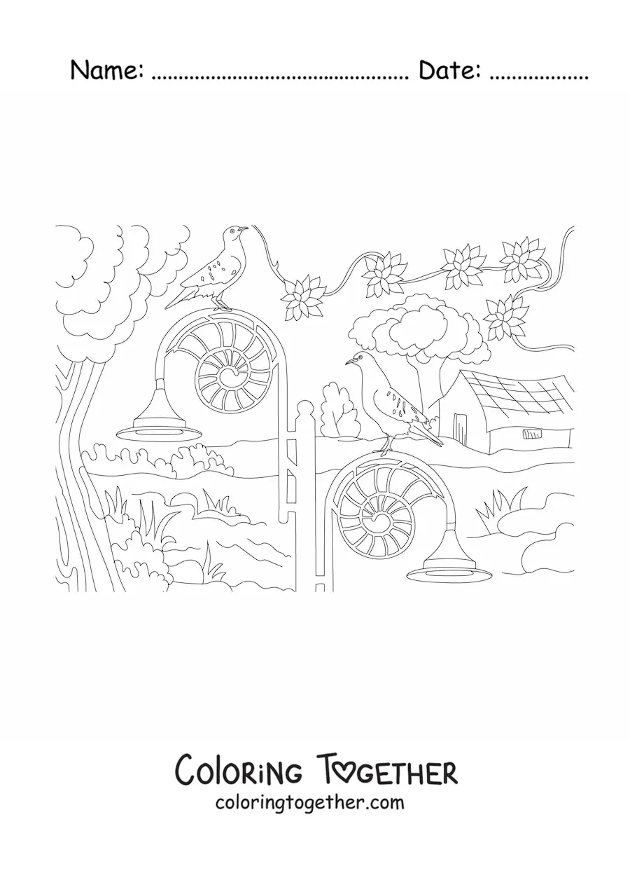 Coloring page of a country house with a garden