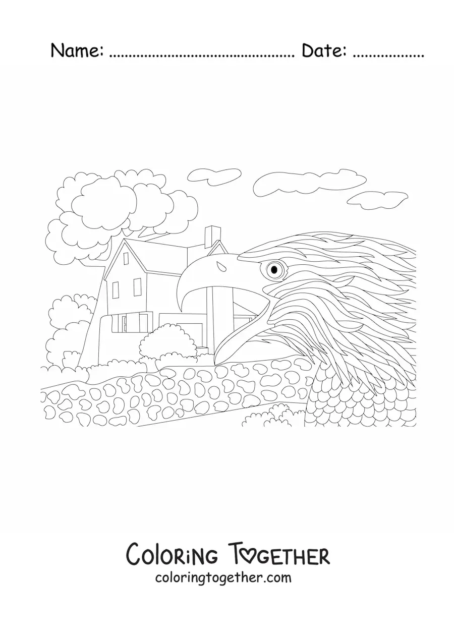 Coloring page of an eagle near a house