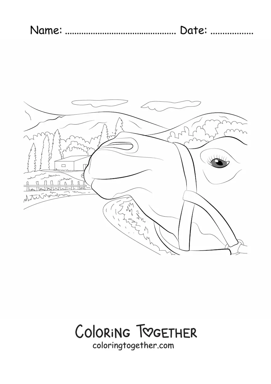 Coloring page of a camel with a house in the background