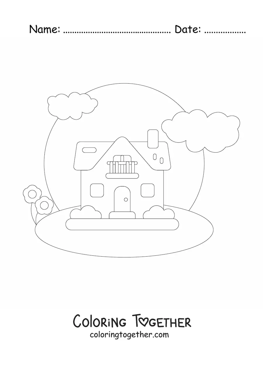 Coloring page of a house with a chimney and balcony