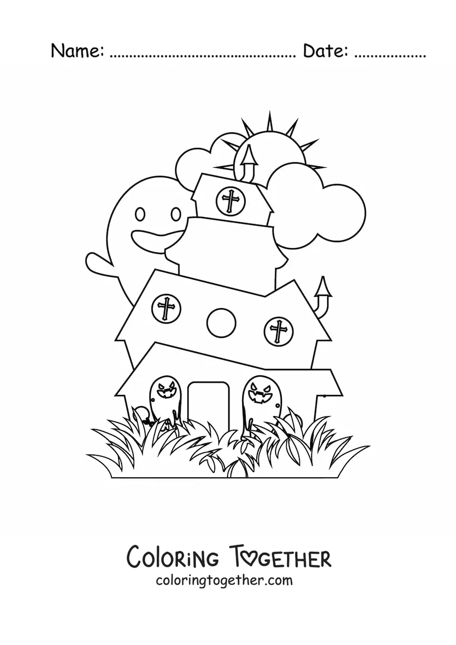Coloring page of a house of horror with ghosts