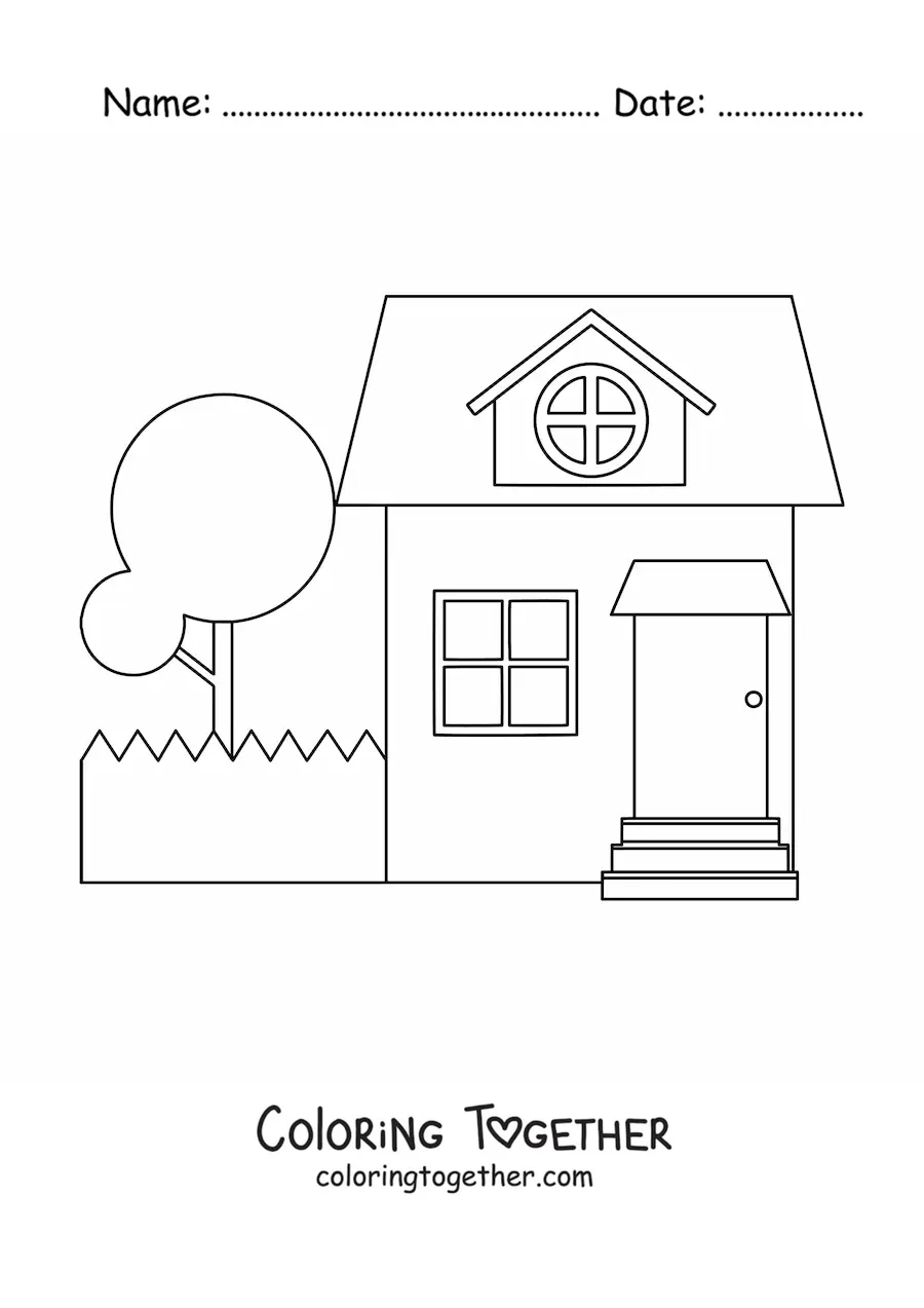 Coloring page of a simple house with a patio