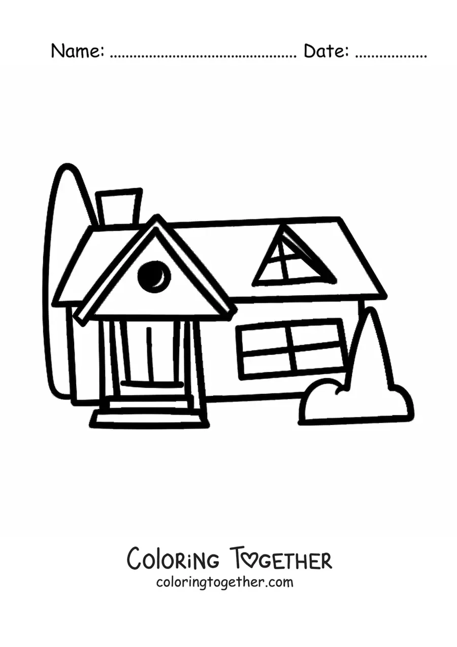 Coloring page of a simple house with bushes