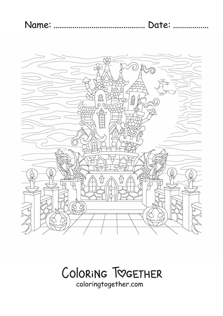 Coloring page of a haunted castle with witches and ghosts