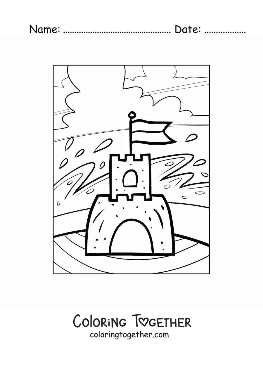 Coloring page of a sandcastle on the beach