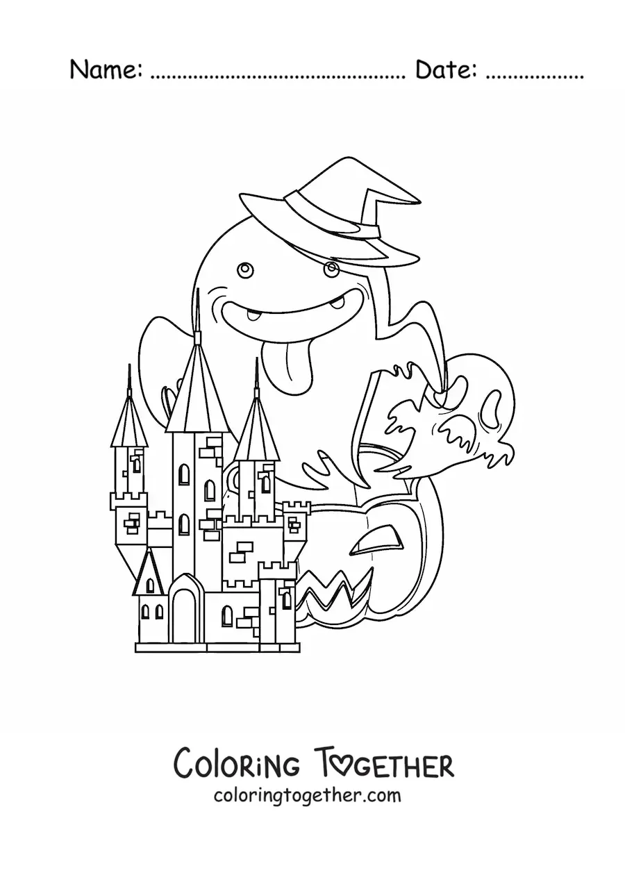 Coloring page of a castle of horror with ghosts