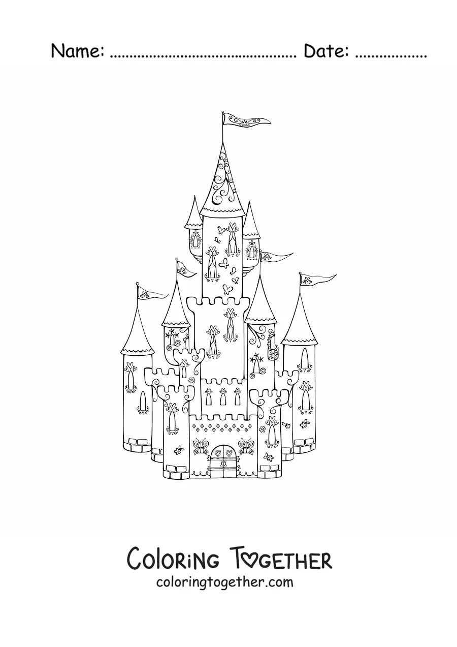 Coloring page of a princess castle with towers and flags