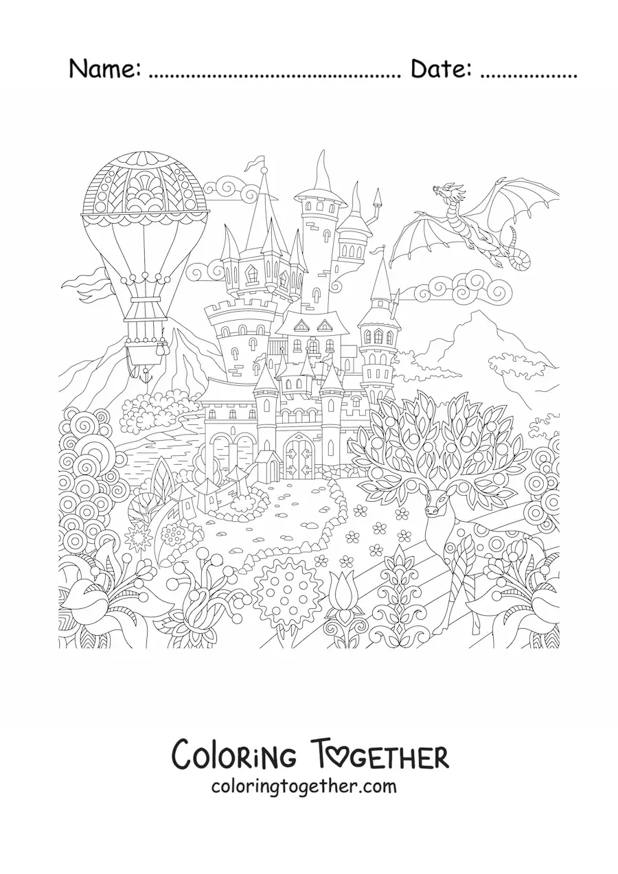 Coloring page of a medieval fantasy castle
