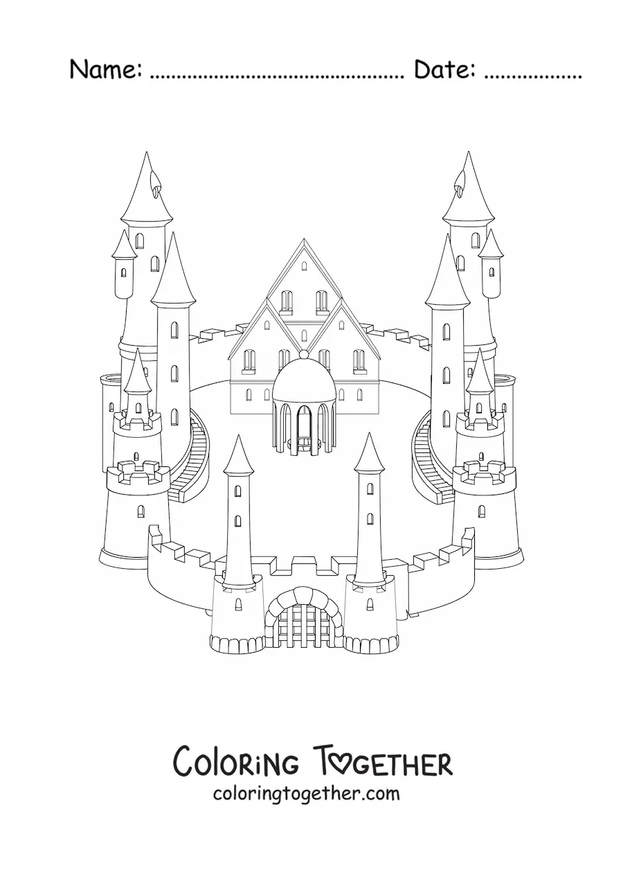 Coloring page of a castle with a wall