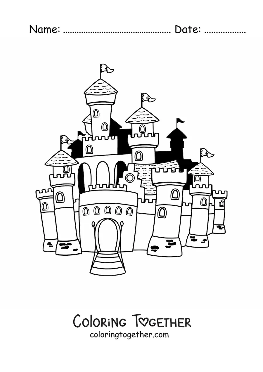 Coloring page of a fantasy castle