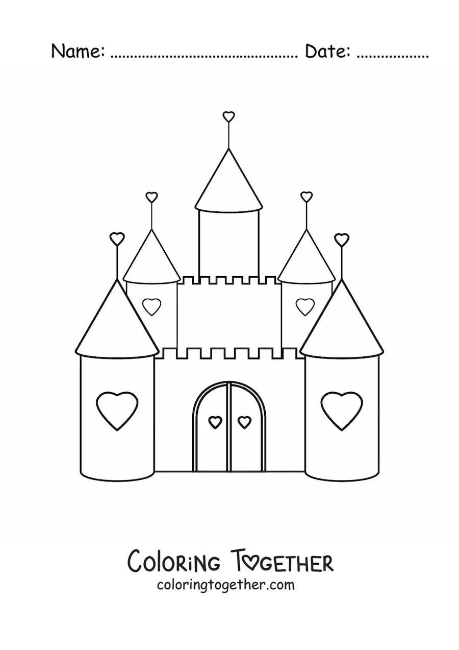 Coloring page of a kawaii castle decorated with hearts