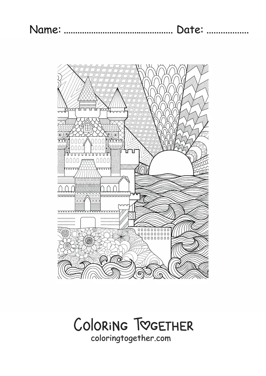 Coloring page of a castle drawn with a geometric design