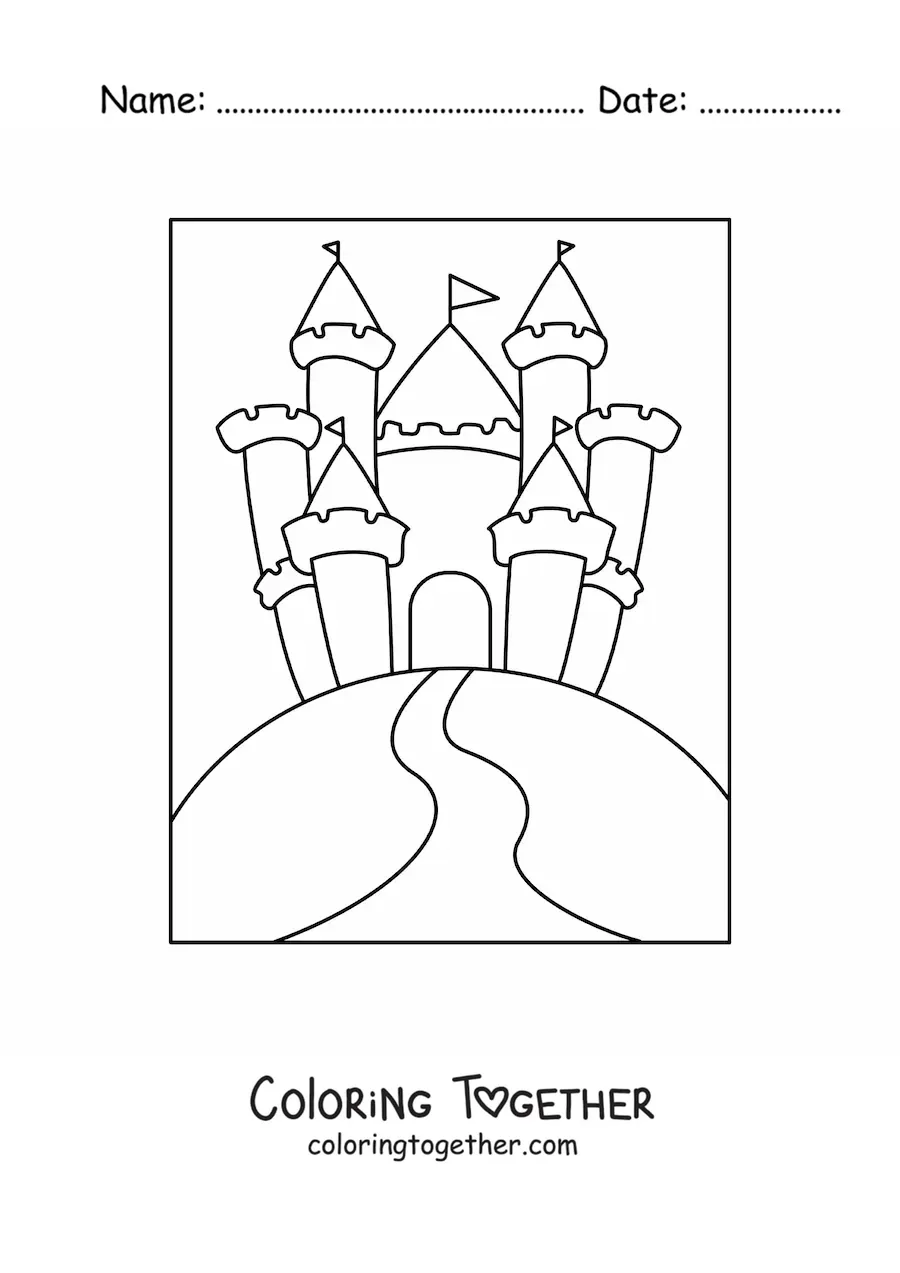 Coloring page of a castle on a hill