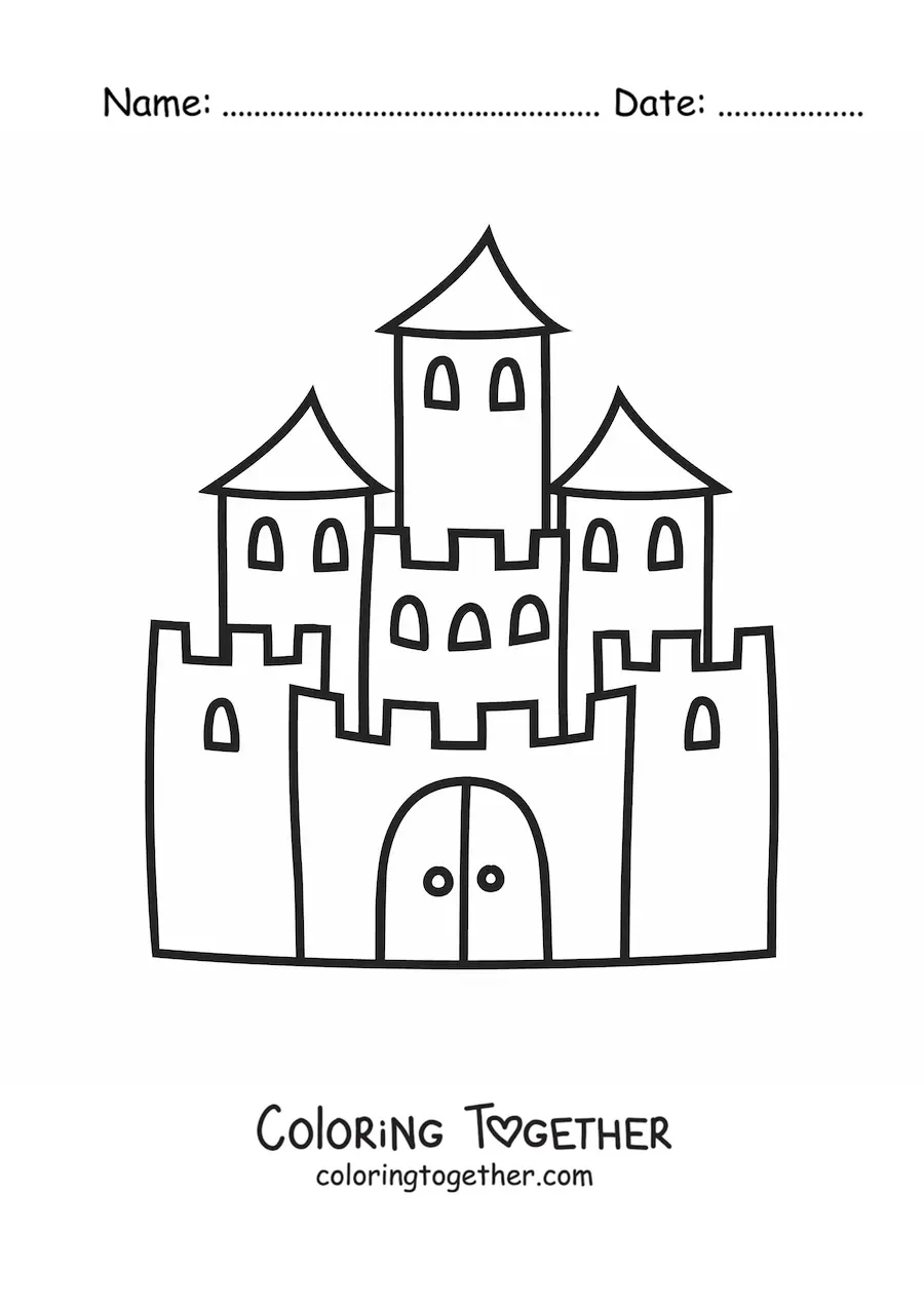 Coloring page of a castle with three towers and a wall