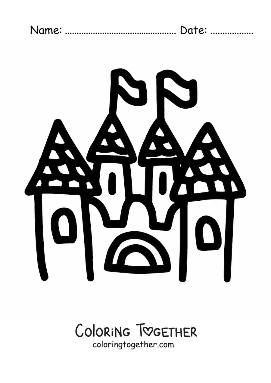 Coloring page of a cartoon castle with four towers and pennants