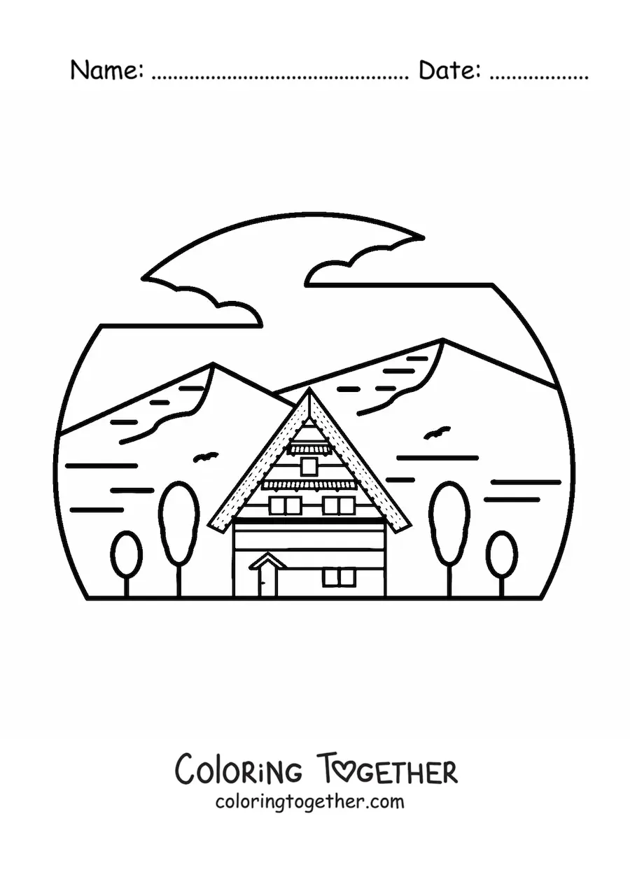 Coloring page of a cabin surrounded by mountains