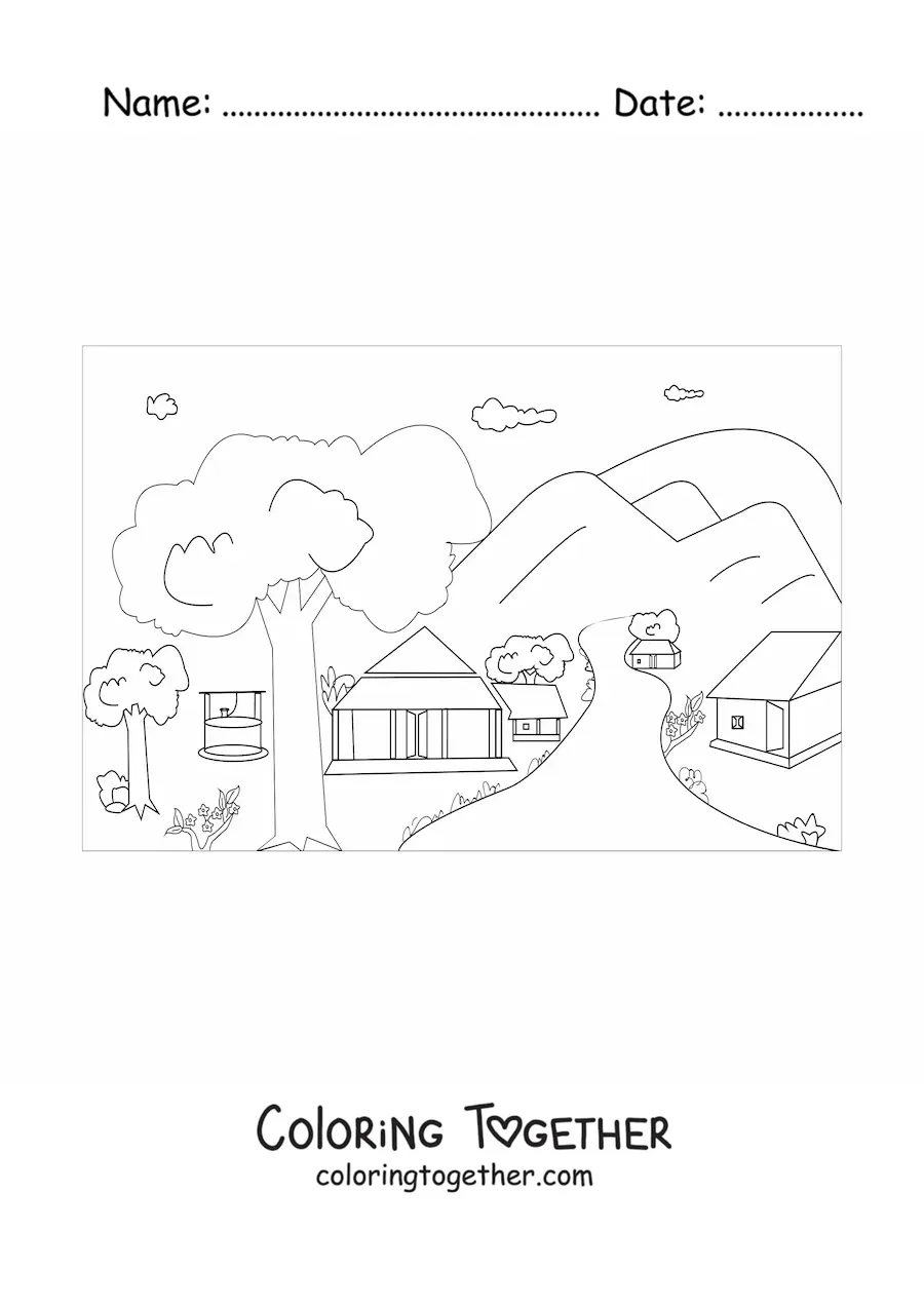 Coloring page of a landscape with several cabins