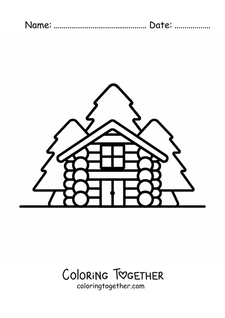 Coloring page of a cabin in the forest