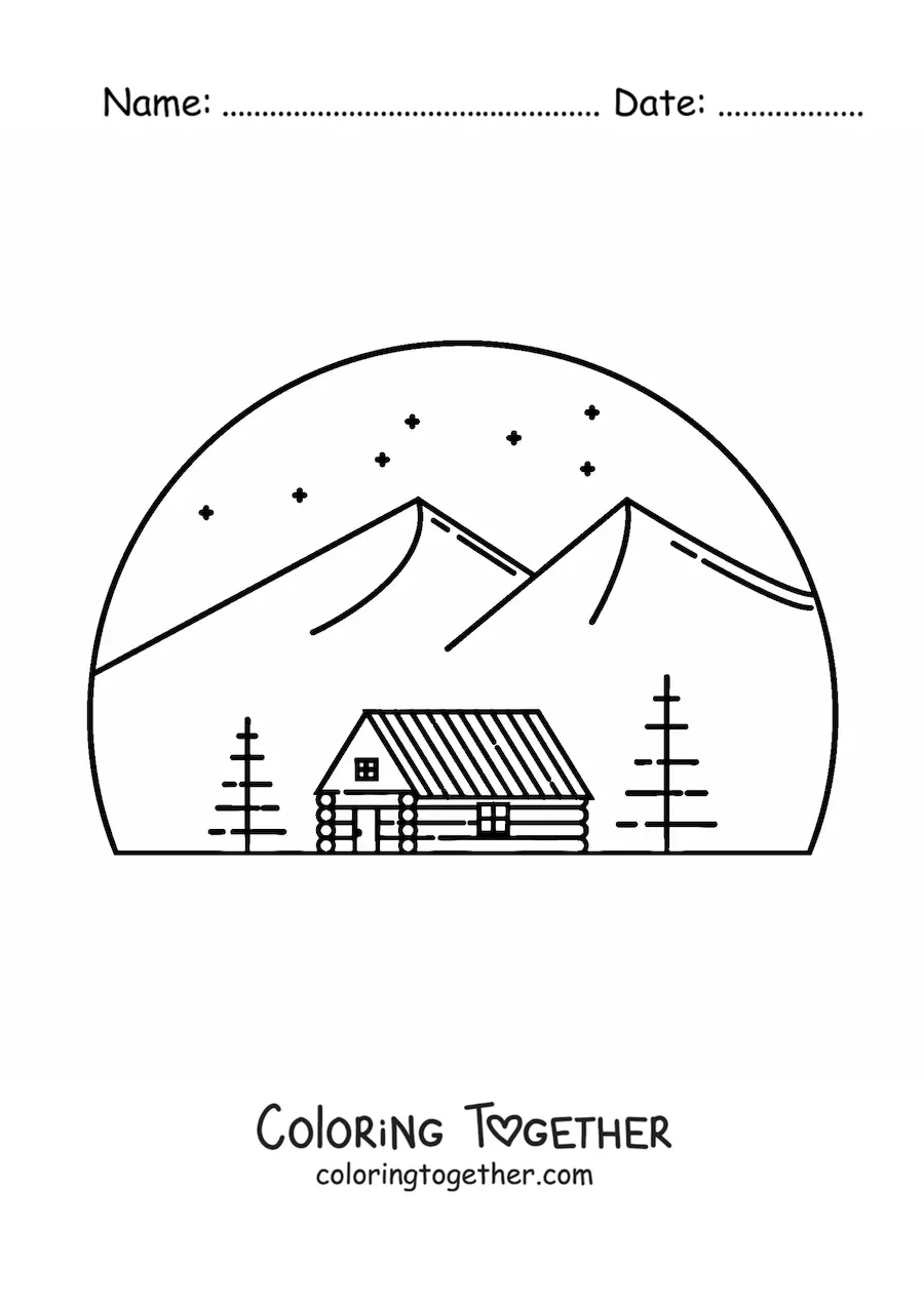 Coloring page of a cabin on a mountain