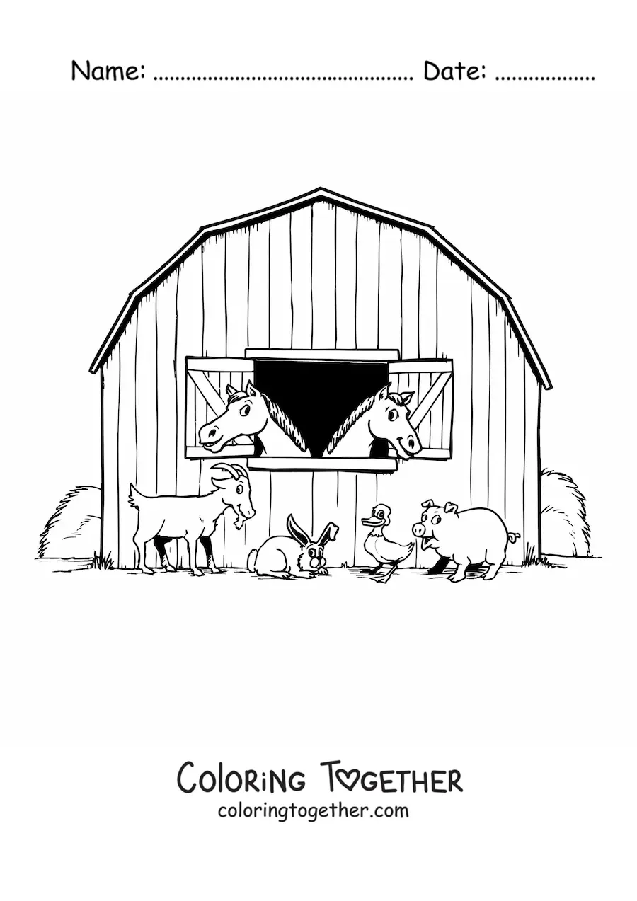 Coloring page of a farm stable with two horses and other cartoon animals