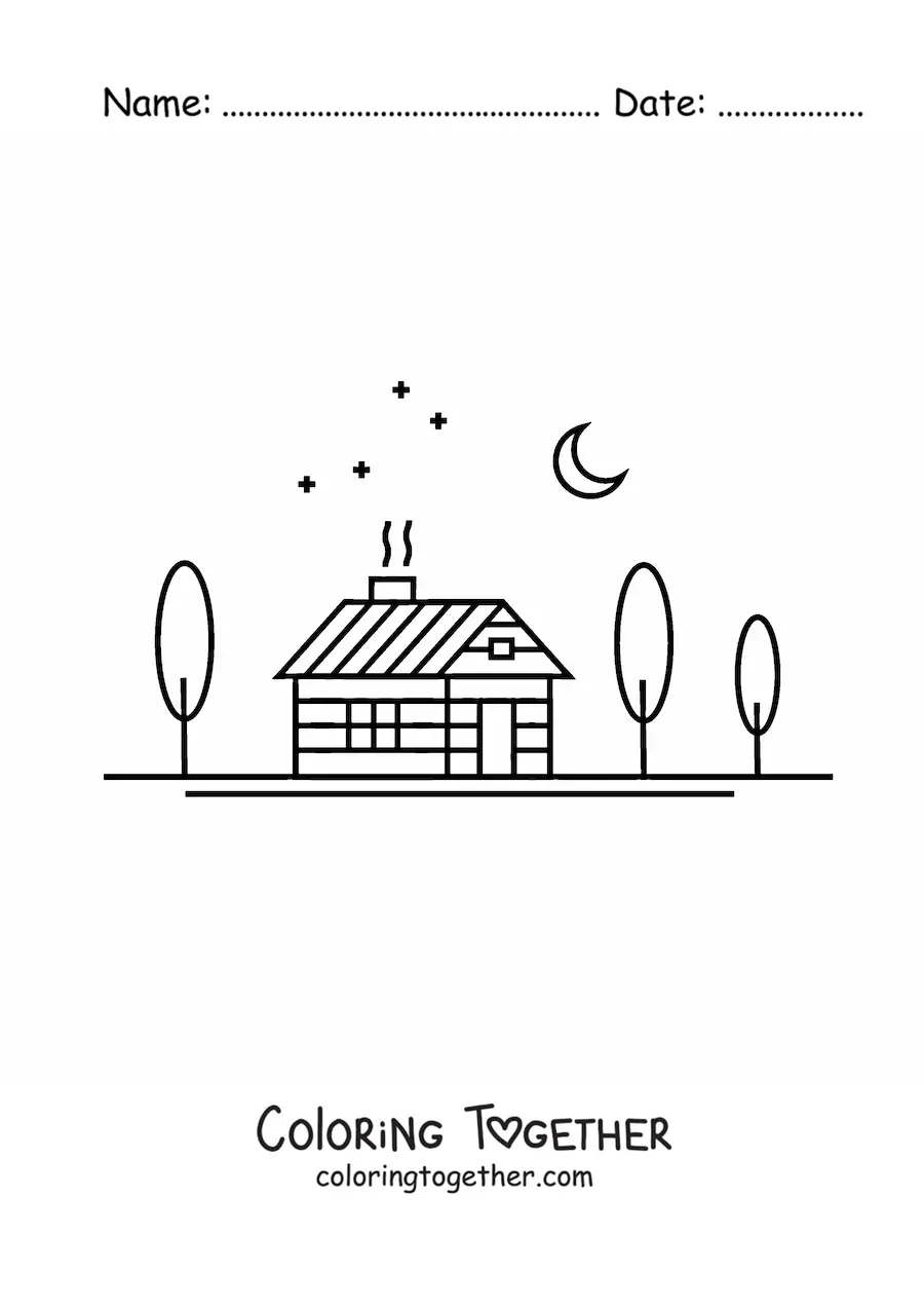 Coloring page of a cabin in a forest at night