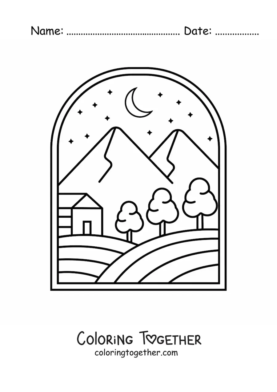 Coloring page of a forest landscape with a cabin