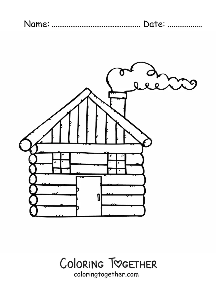 Coloring page of a wooden cabin with a chimney