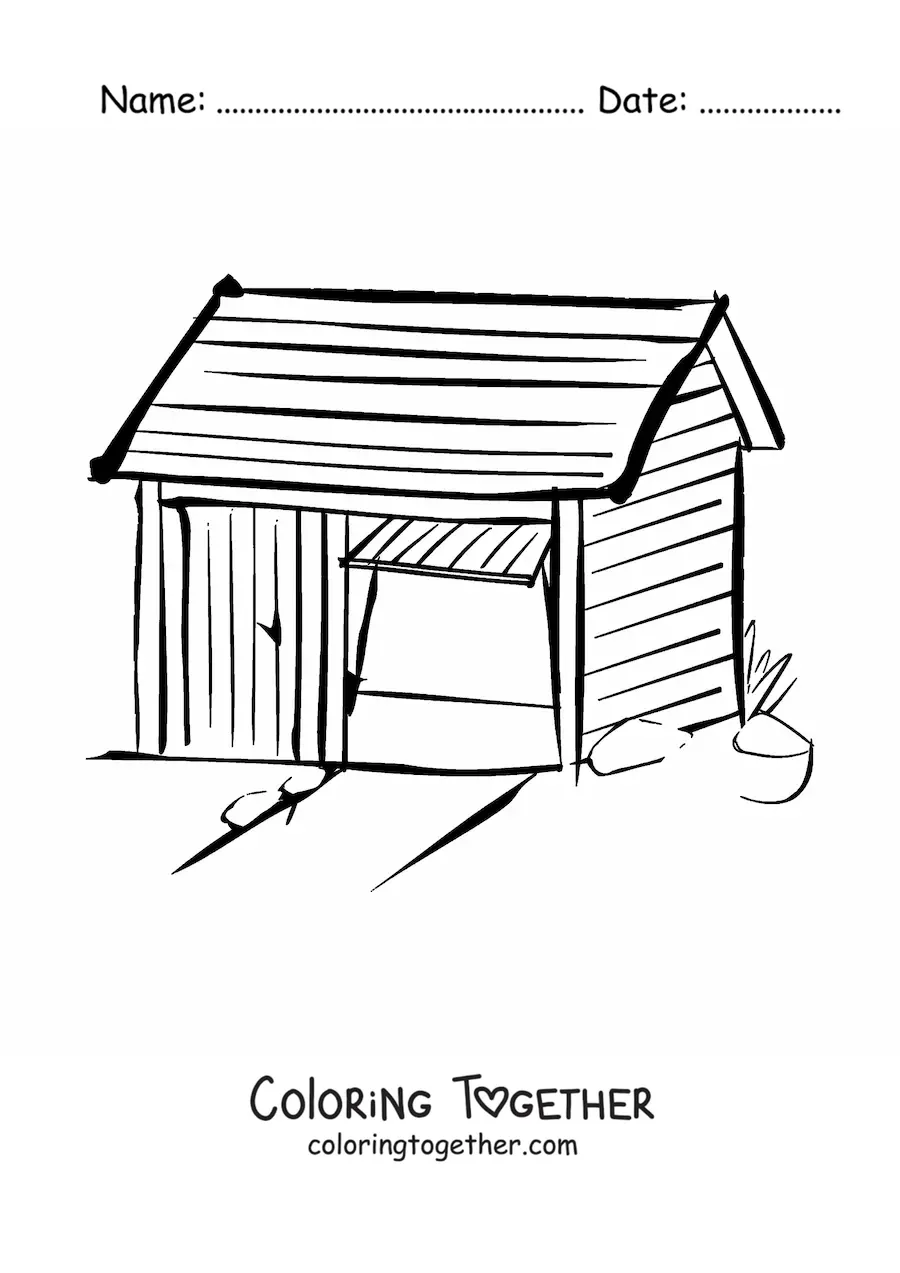 Coloring page of a cabin built from wood