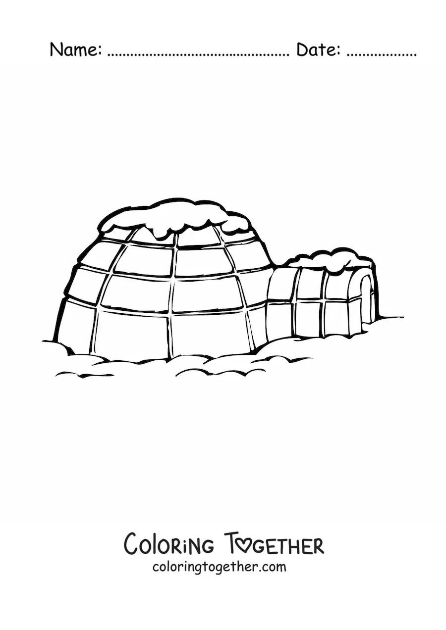 Coloring page of an igloo in the snow