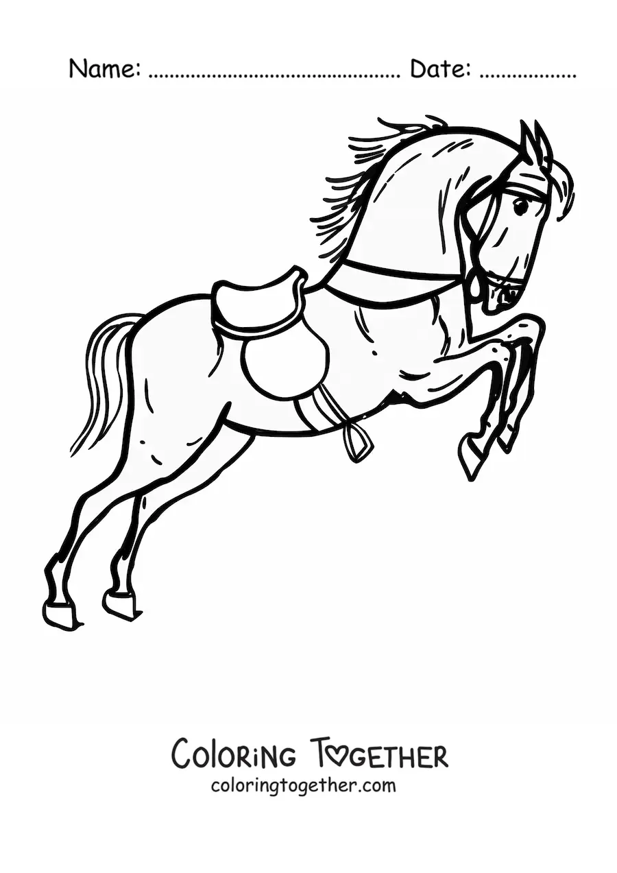 Coloring page of a saddled horse with reins jumping off its hind legs