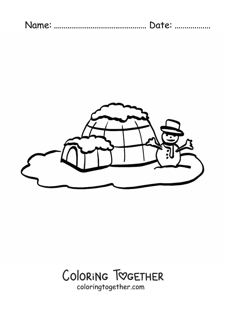 Coloring page of an igloo with a snowman