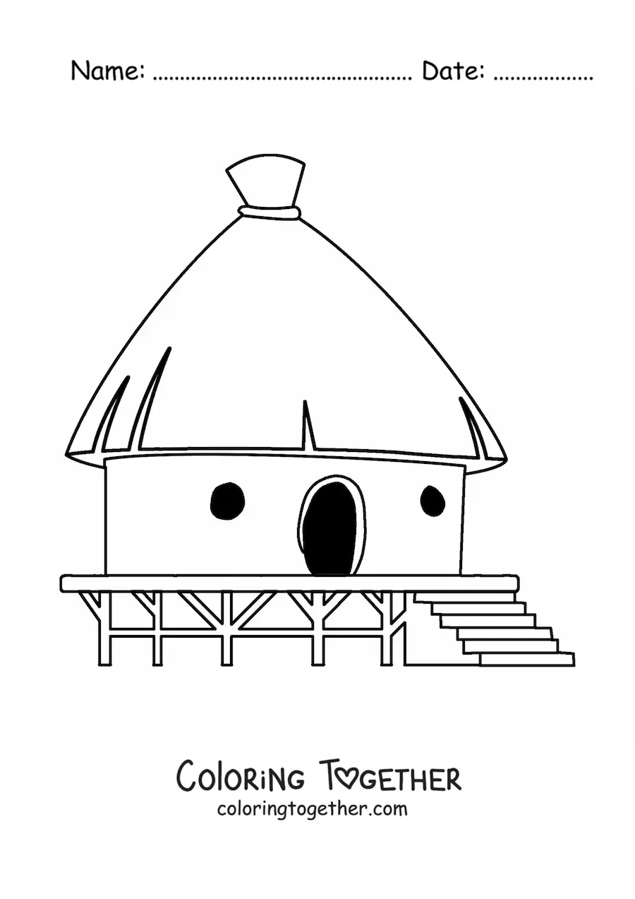 Coloring page of a traditional hut on a wooden base