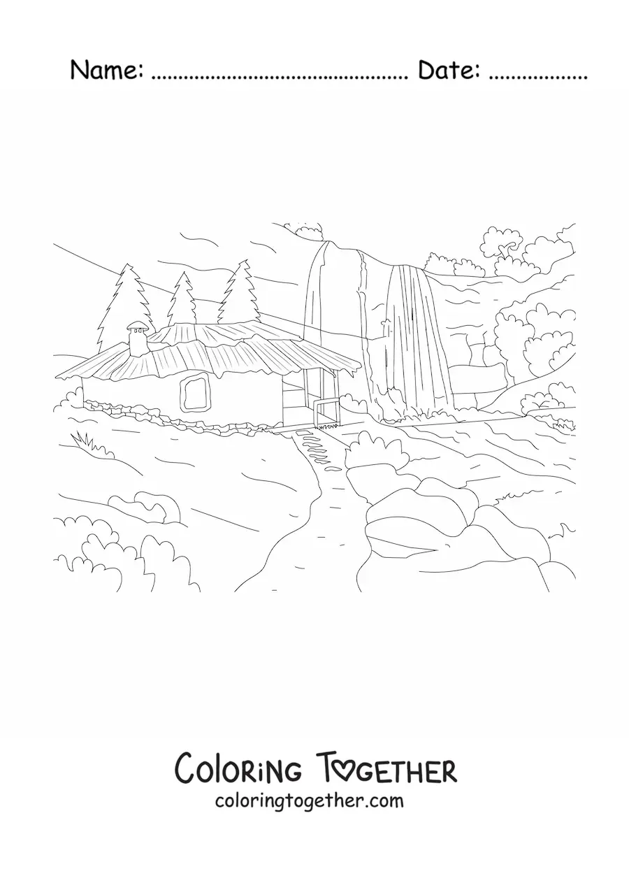 Coloring page of a hut in the middle of a forest