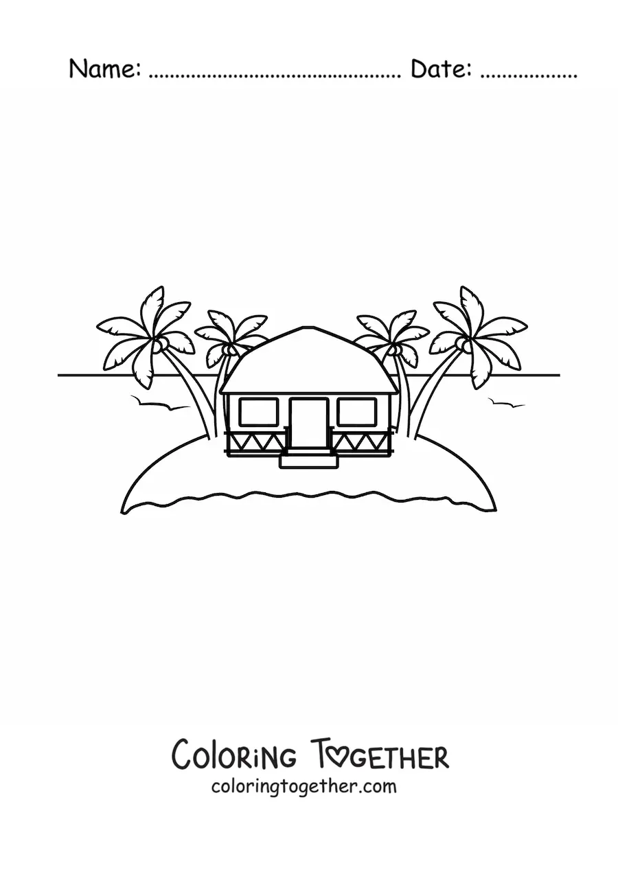 Coloring page of a hut on an island