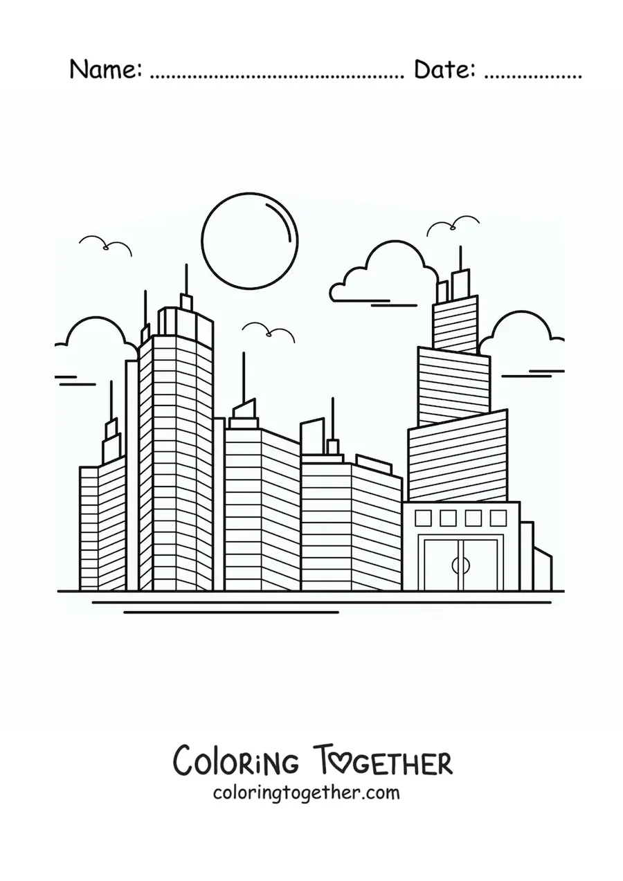 Coloring page of several skyscrapers in a city