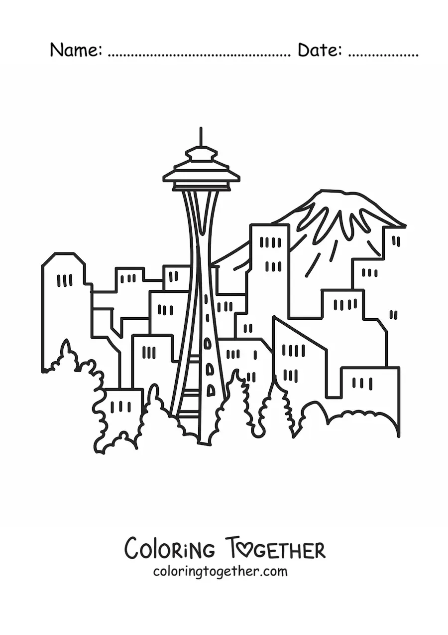 Coloring page of a landscape with skyscrapers and a mountain in the background