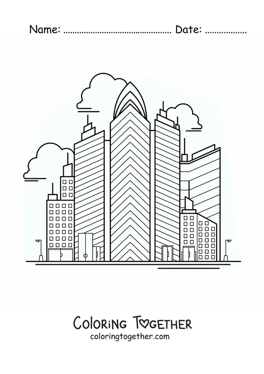 Coloring page of several skyscrapers