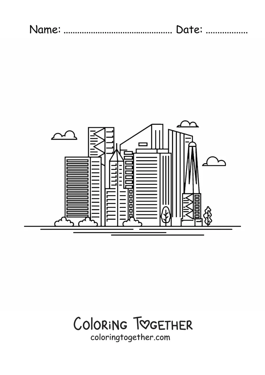 Coloring page of a modern city with skyscrapers