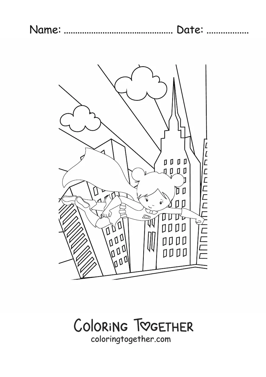 Coloring page of a superhero girl flying in a city with skyscrapers